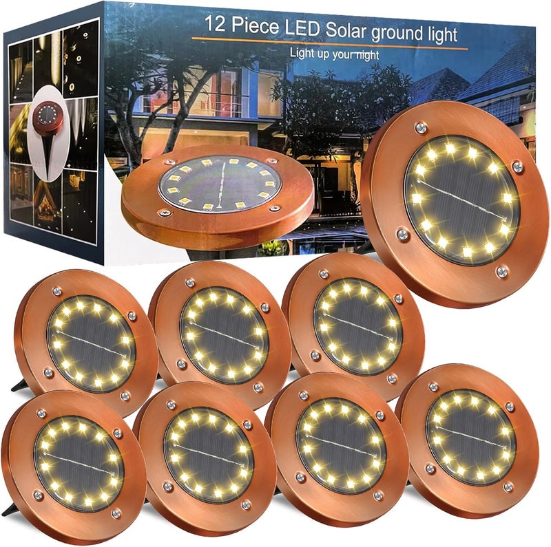 JKIMK Solar Ground Lights Outdoor Waterproof Flat Garden Solar Disk Lights Floor 12 LED 8 Pack for Garden Patio Pathway Landscape Driveway Yard Path Decor - Image 1